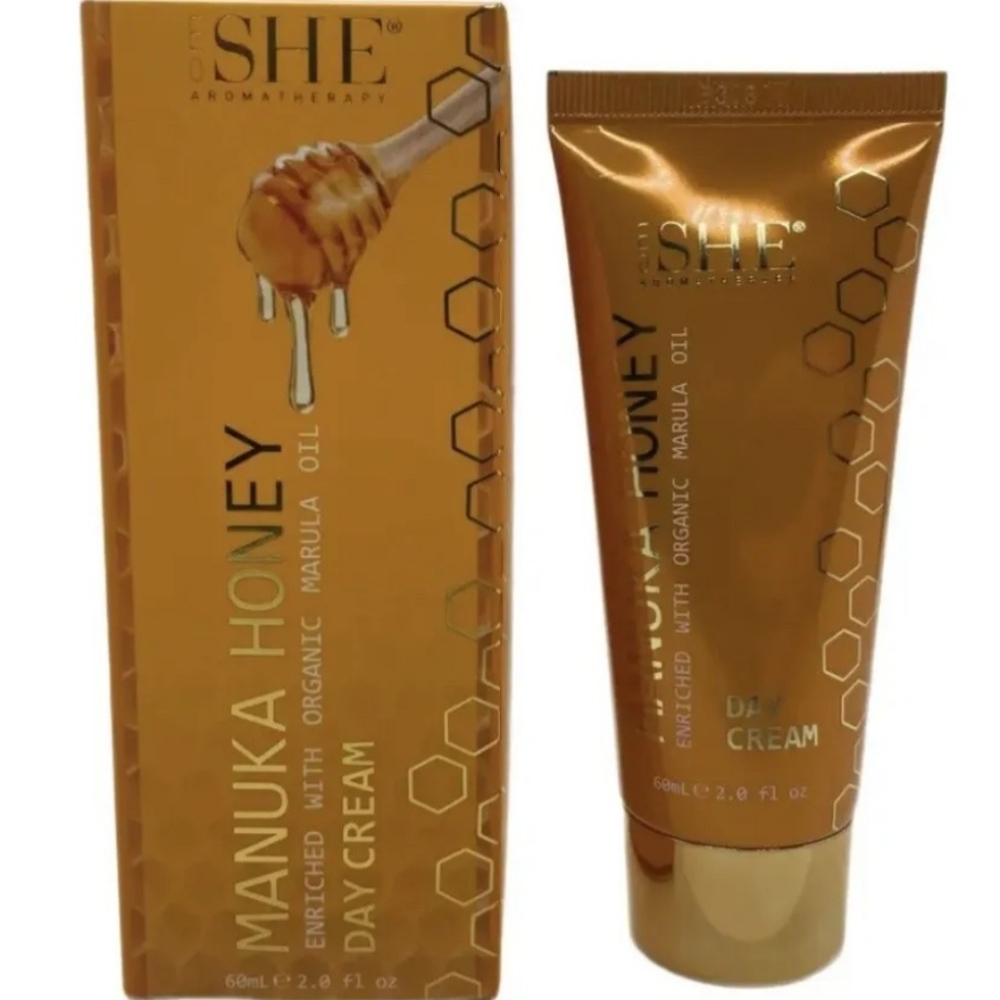 OM SHE  Aromatherapy Manuka Honey Day Cream Organic Marula Oil  60ml / 2 fl. oz.